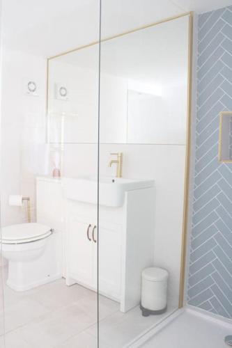 a bathroom with a toilet and a glass shower at Harbourside luxury house in Aberaeron