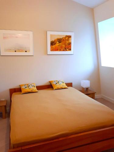 une chambre avec un lit avec deux oreillers dessus dans l'établissement Plein Soleil, à Aix-les-Bains