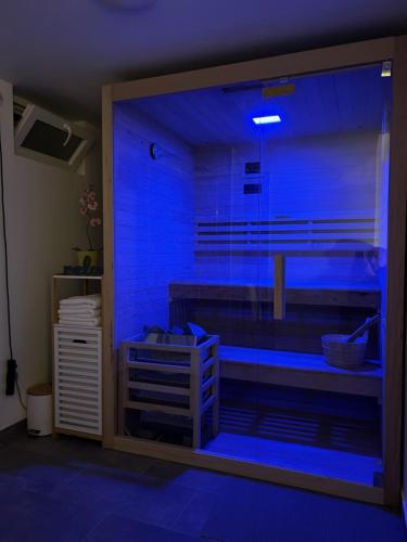 a room with a shower with blue lights in it at Inn Green, kuća 3 zvjezdice in Koprivnica