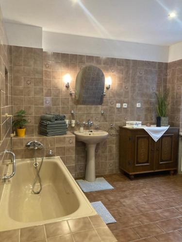 a bathroom with a bath tub and a sink at Apartmán Monika in Kraslice