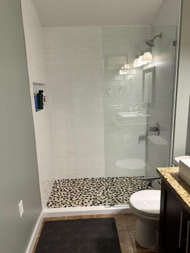 a bathroom with a shower and a toilet and a sink at Eagle Way in Port Renfrew