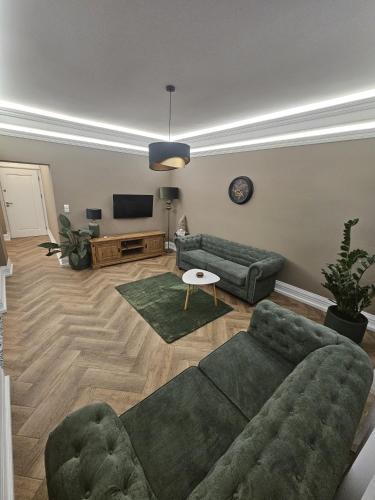 a living room with a couch and a tv at Apartament Twin I in Żywiec