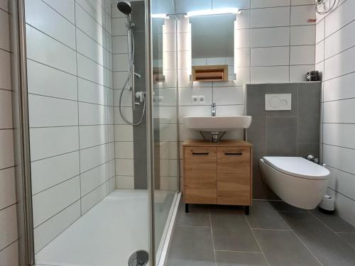 Un baño con ducha, lavabo e inodoro. en WALDNEST - Apartment Seefeld, en Seefeld in Tirol