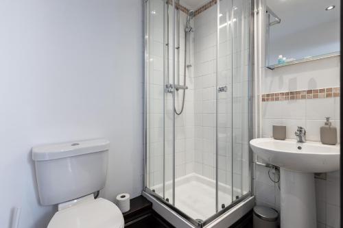 a bathroom with a shower and a toilet and a sink at The Black Horse in Swaffham Bulbeck