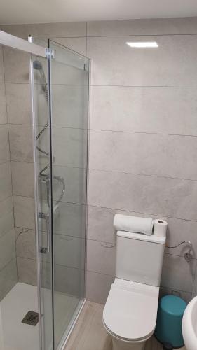 une salle de bain avec toilettes et douche en verre dans l'établissement b1 Estudio independiente junto Aeropuerto, à Manises