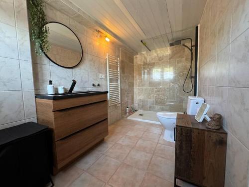 a bathroom with a sink and a toilet and a tub at La casa terracotta in Claira