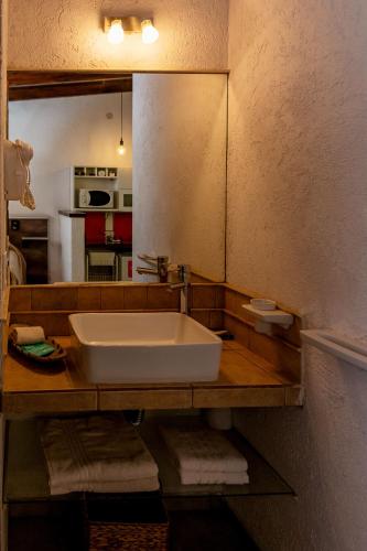 a bathroom with a white sink and a mirror at Finca El Amparo in Los Reartes