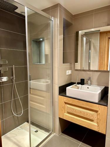 une salle de bain avec douche et lavabo dans l'établissement Marmotte Mountain Pic Vert, à Chamonix-Mont-Blanc