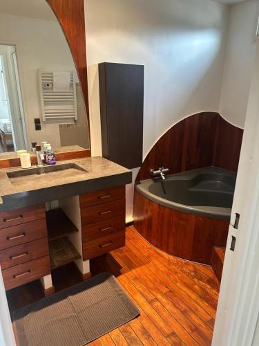 une salle de bain avec une baignoire, un lavabo et un miroir dans l'établissement Appartement T4 115 m2 Super Valmont Chanot Velodrome Marseille, à Marseille