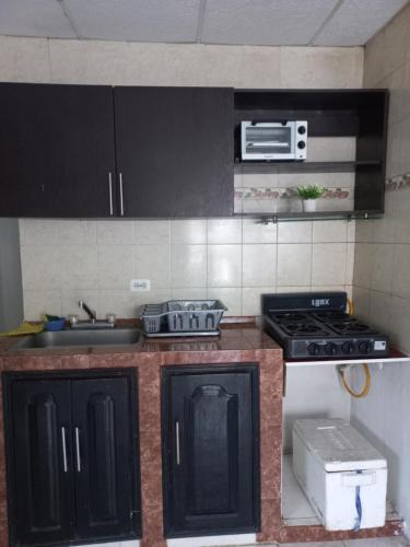 哥伦比亚港Apartamento hostal oasis的厨房配有黑色橱柜、炉灶和水槽。