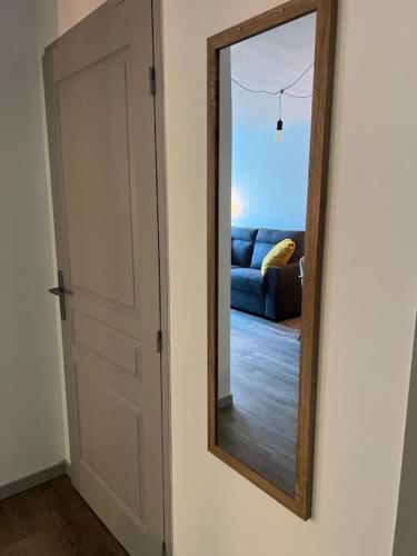 a mirror on a wall next to a door at Beaune Levernois, appartement 1 chambre canapé lit in Levernois