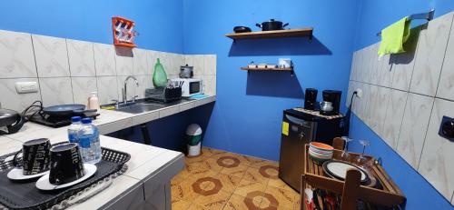 a small kitchen with a sink and blue walls at Alojamientos N&S in Fortuna