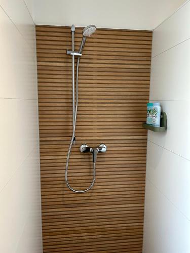 a shower with a wooden wall in a bathroom at Nordwind in Osterholz-Scharmbeck