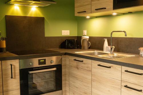 une cuisine avec un évier et une cuisinière dans l'établissement Physalis - Studio - 1 lit - 2 personnes, à Châtel-Guyon
