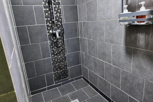 a bathroom with a shower with gray tiles at T3 meublé avec parking et jardin in Matoury