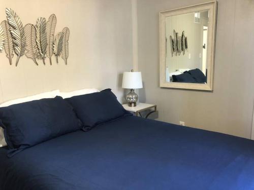 a bedroom with a blue bed and a mirror at Walnut River's Edge Guesthouse in El Dorado