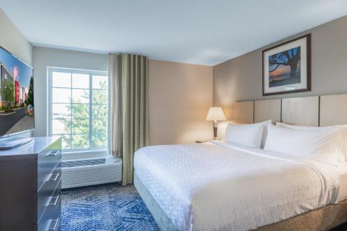 a hotel room with a bed and a window at Candlewood Suites Greenville by IHG in Greenville