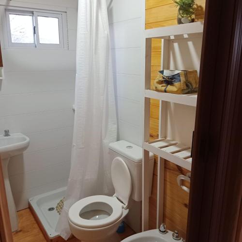a white bathroom with a toilet and a sink at Cabaña Don Juan in Villa Elisa