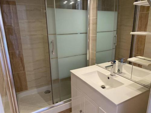 une salle de bain avec une douche et un lavabo et une douche dans l'établissement Studio cabine 4 pers, terrasse, parking, Cap d'Agde naturiste - FR-1-249A-42, au Cap d'Agde