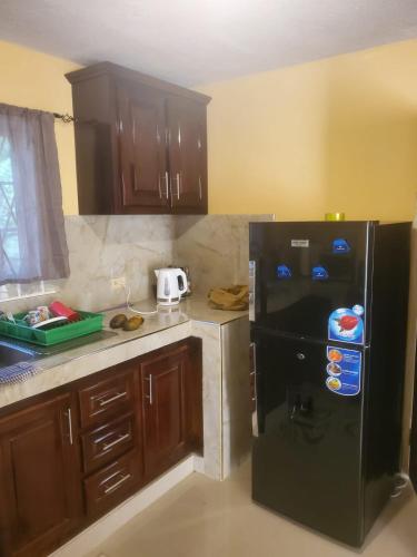 a kitchen with a black refrigerator and wooden cabinets at Cozy Villa in Old Harbour