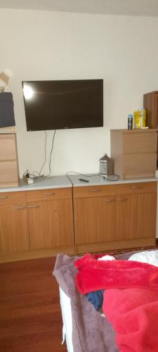 Cette chambre dispose d'une télévision murale à écran plat. dans l'établissement Privat Zimmer in eine whg rue des abeilles, à Mulhouse