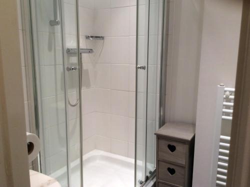 a bathroom with a shower with a glass door at Bod Gwynedd Bed and Breakfast in Betws-y-coed