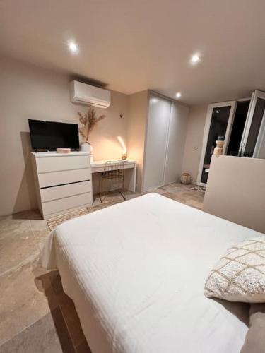Un dormitorio con una cama y una cómoda con televisión. en Studio pied de coline LYVIN, en Ginasservis
