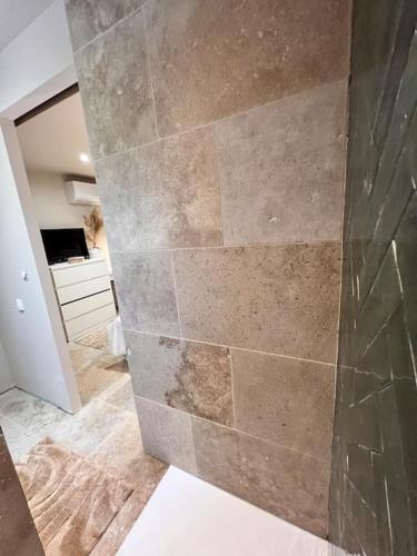 Un baño con ducha con pared de piedra. en Studio pied de coline LYVIN, en Ginasservis