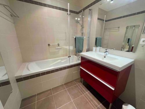 une salle de bain avec un lavabo, une baignoire et une douche dans l'établissement Magnifique Appartement Bordeaux centre historique, à Bordeaux