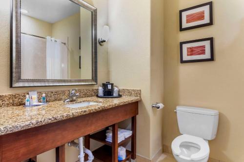 a bathroom with a toilet and a sink and a mirror at Comfort Inn & Suites Mexia in Mexia