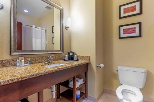 a bathroom with a toilet and a sink and a mirror at Comfort Inn & Suites Mexia in Mexia