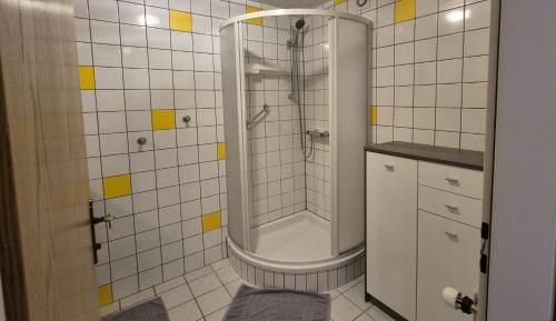 a bathroom with a shower with yellow squares on the wall at Ferienwohnungen Wagenradl Stubenberg in Stubenberg