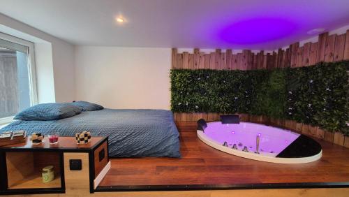a bedroom with a bed and a bath tub at Balnéo Nuits Tranquilles Rouen in Rouen