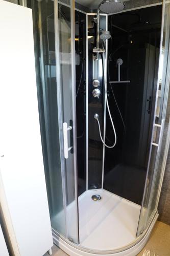 a shower with a glass enclosure in a bathroom at Hlakot Cabin In Golden Circle in Mosfellsbær