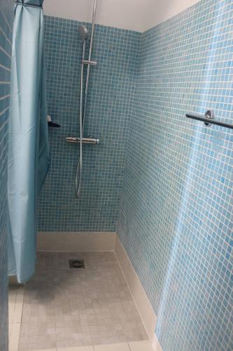 une salle de bain avec douche aux carreaux bleus dans l'établissement T2 climatisé à 2 minutes de la plage du Pont Tournant - 4BRANB, à Saint Cyprien Plage