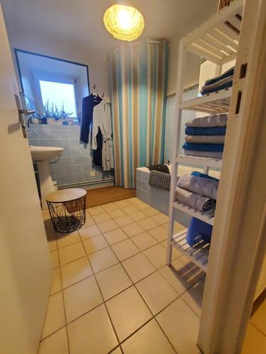 a bathroom with a walk in closet with a sink at Chez Émile maison d'hotes 2 chambres avec jardin privé in Humes