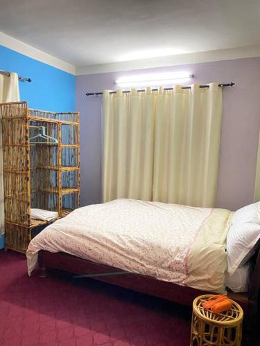 a bedroom with a bed and a window with curtains at 3bhk perfect for a family in Kathmandu