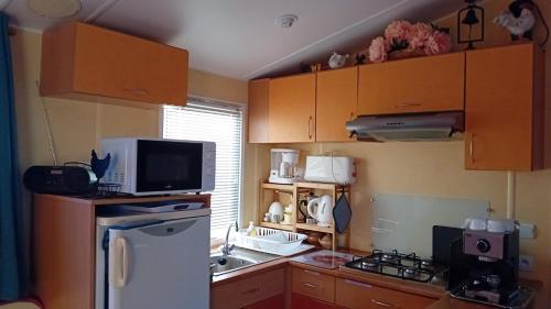 a kitchen with wooden cabinets and a white refrigerator at ROUPILLON A JANET in Curvalle