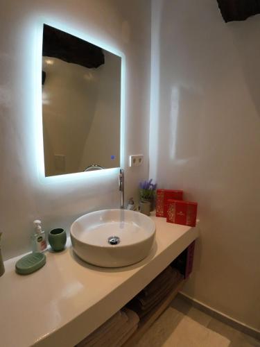 a bathroom sink with a large mirror above it at Villa Benjamin in Milatos