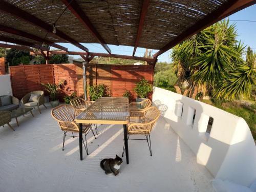 a cat sitting on a patio with a table and chairs at Villa Benjamin in Milatos