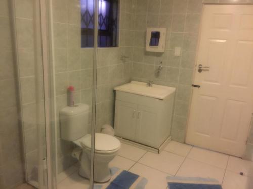 a bathroom with a toilet and a glass shower at The Raps Guesthouse in Meadowlands