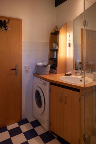 a bathroom with a washing machine and a sink at Apartment Anna - FeWo 56qm2 - Hausen-Wied in Hausen-Wied