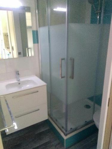 une salle de bain avec douche et lavabo dans l'établissement Deux pièce vue Mer et Port 4PP2B32, au Barcarès