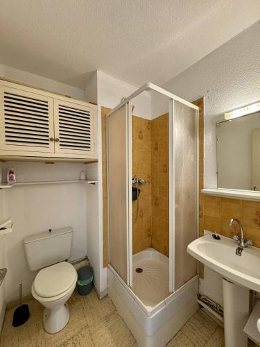 une salle de bain avec une douche, des toilettes et un lavabo dans l'établissement Studio accès direct plage - parking - Vue Mer 2PPECH31, au Barcarès