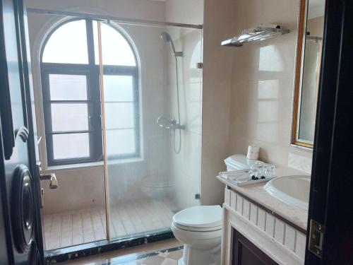 a bathroom with a shower and a toilet and a sink at Sanya beach sweet house in Luoyushangcun