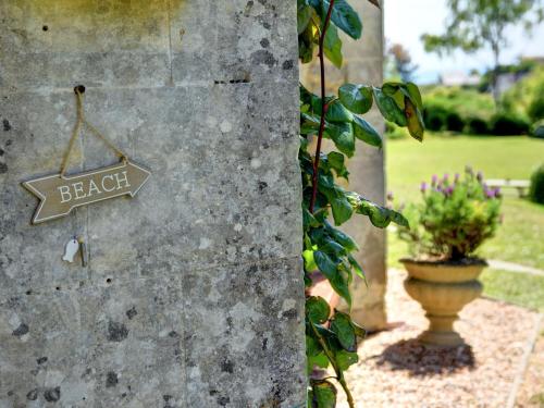 a sign that says beach on a wall with a potted plant at YHA Beer in Seaton