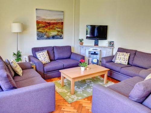 a living room with purple couches and a coffee table at YHA Beer in Seaton