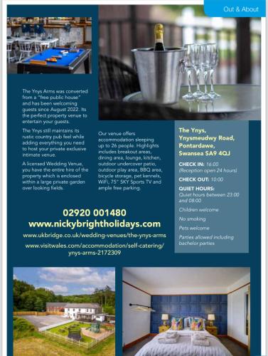 a page of a brochure for a house with wine glasses at Entire Venue Hire with 8 Bedroom Accommodation - Your Own Pub Experience in Swansea