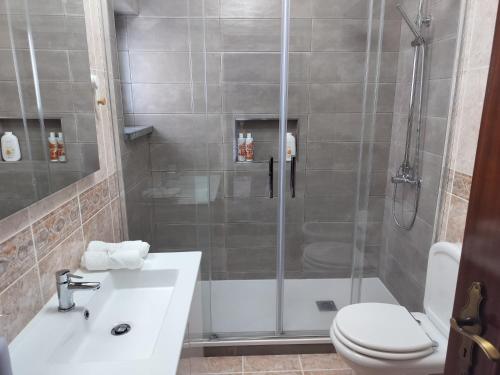 a bathroom with a shower with a toilet and a sink at Xixi Cama Bed & Breakfast in Bombardeira