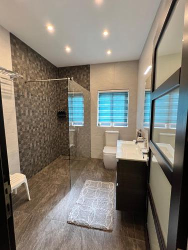 a bathroom with a shower and a toilet and a sink at Relax Zabbar in Żabbar